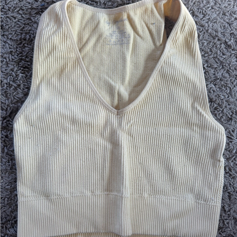Ribbed V-Neck Crop Tank Top - Cream